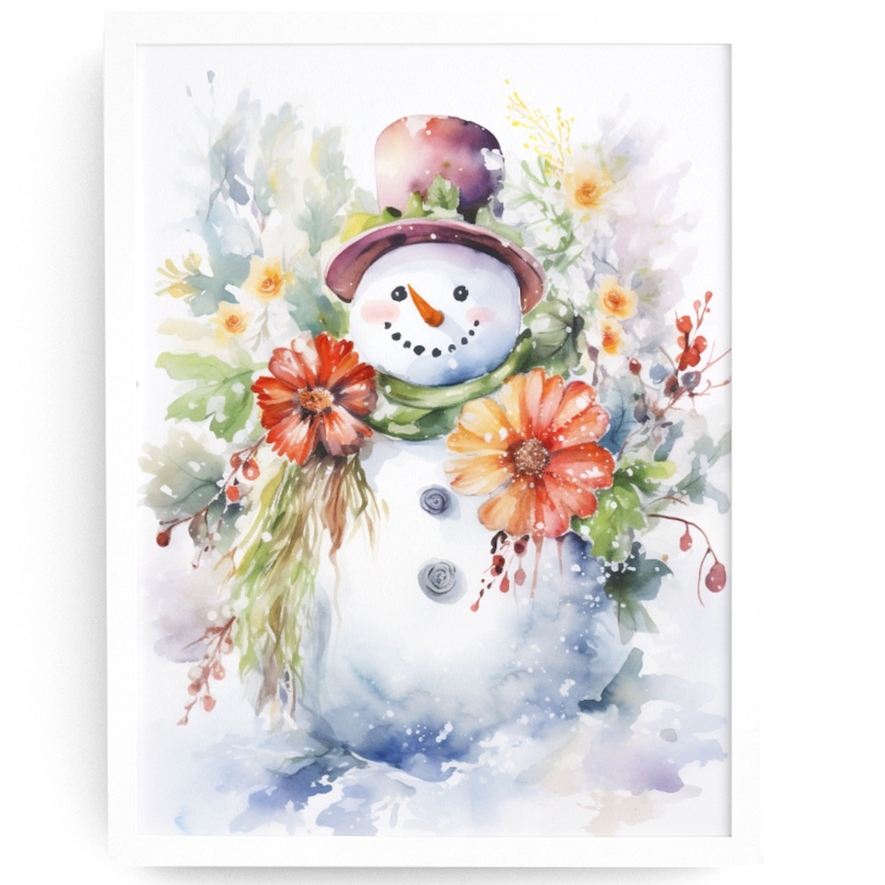 Watercolor Snowman Christmas Theme Wall Art Illustration Print Unframed